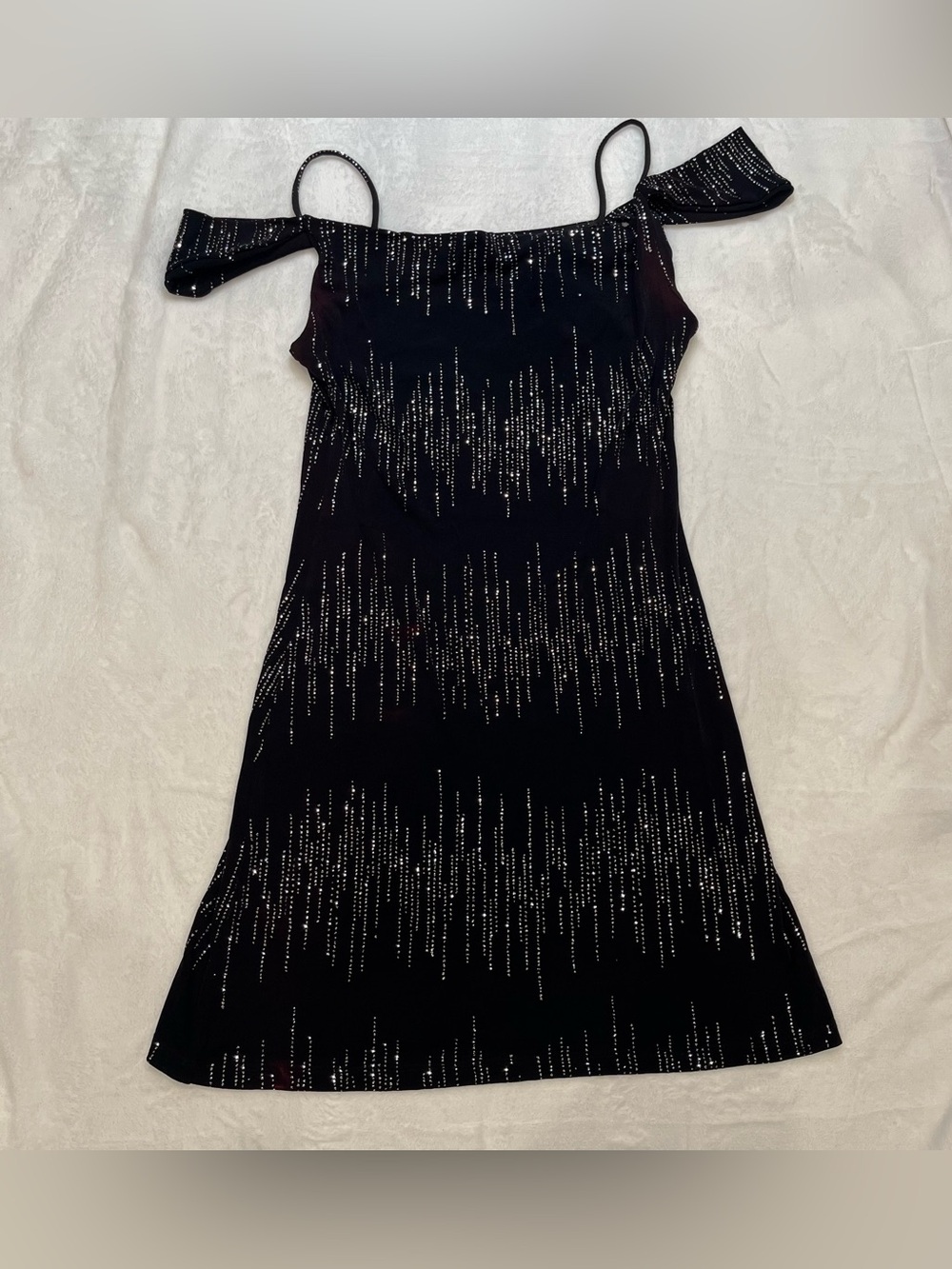 Black Shimmer Bodycon Body Hug Spaghetti Strap Cold Bare Shoulder Event Dress S